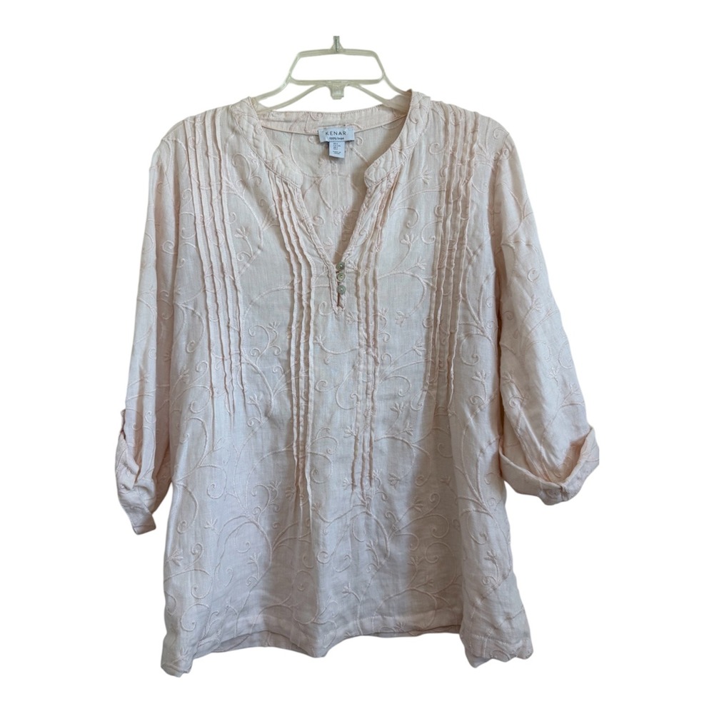 Kenar Womens 100% Linen Embroidered Pintuck V-Neck Blouse Pink Large